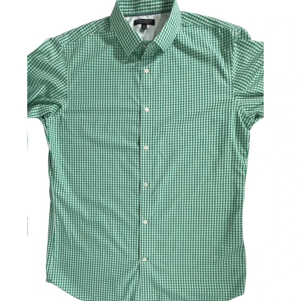 Banana‎ Republic Button Up Shirt Green Gingham Non-Iron Slim Fit Cotton READ